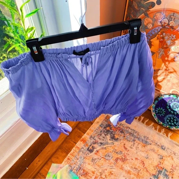 Periwinkle Blue Ruffle Peasant along Sleeved Off The Shoulder Crop Top - Picture 9 of 9